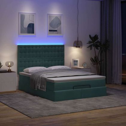 Османска легло с матраци и LED, тъмнозелено, 140x190 см, кадифе