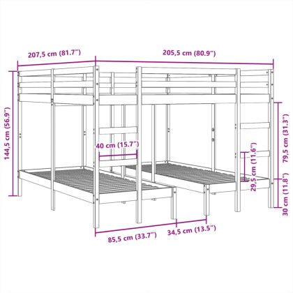 Рамка за тройно легло, бяло, 200x200/80x200 см, бор масив
