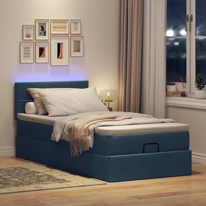 Османска легло с матрак и LED, синьо, 80x200 см, плат