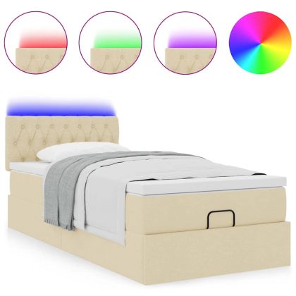 Османска легло с матрак и LED, кремаво, 90x190 см, плат