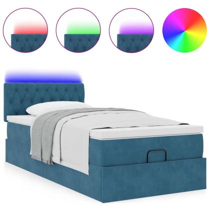 Османска легло с матрак и LED, тъмносиньо, 80x200 см, кадифе