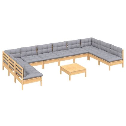 Градински лаундж комплект сиви възглавници 11 части бор масив