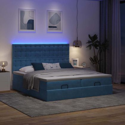 Османска легло с матраци и LED, тъмносиньо, 160x200 см, кадифе