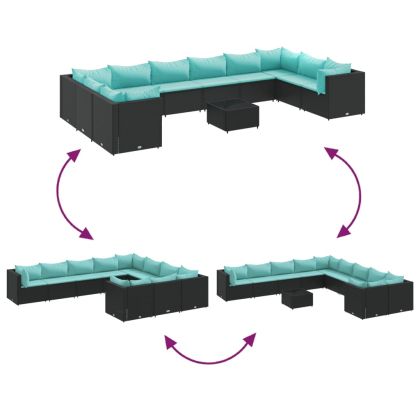 Градински лаундж комплект с възглавници 10части полиратан черен