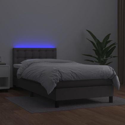 Боксспринг легло с матрак и LED сиво 90x190 см изкуствена кожа