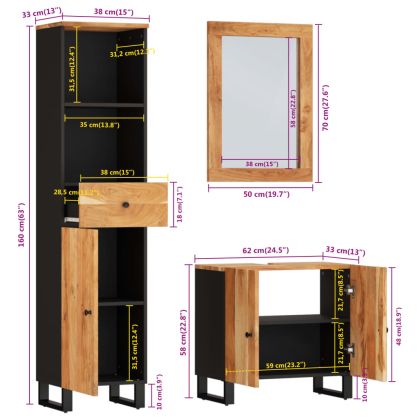Комплект мебели за баня, 3 части, масивна акациева дървесина