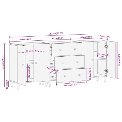 Странични шкафове 3 бр 60x33x75 см манго масивно дърво