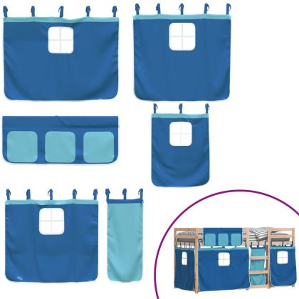 Двуетажно легло със завеси синьо 90x190 см масивно борово дърво