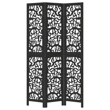 Разделител за стая, 3 панела, черен, дърво пауловния масив