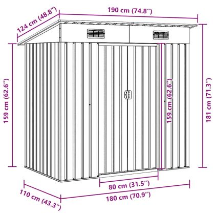 Градинска барака за съхранение, кафява, 194x121x181 см, стомана