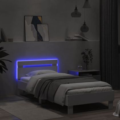 Рамка за легло с табла и LED осветление, бяла, 90x190 см