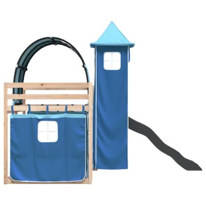 Двуетажно легло с пързалка и завеси, синьо, 90x190 см