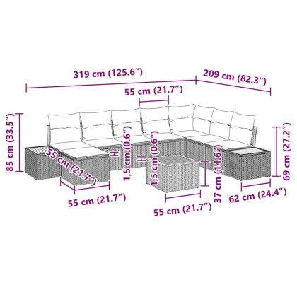 Градински Софа Комплект с възглавница 9 pcs Сив Полиратан