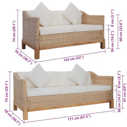 Комплект мека мебел от 2 части, с възглавници, естествен ратан