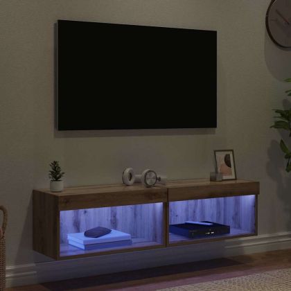 Комплект ТВ шкаф с LED Монтиране на стена Дъб Инженерно дърво