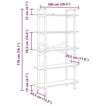 Рафт за книги 5 нива 100 x 33,5 x 178 см Инженерна дървесина