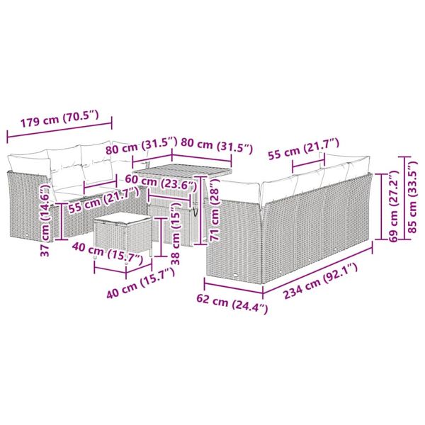 Градински Софа Комплект 10 pcs Сив полиратан