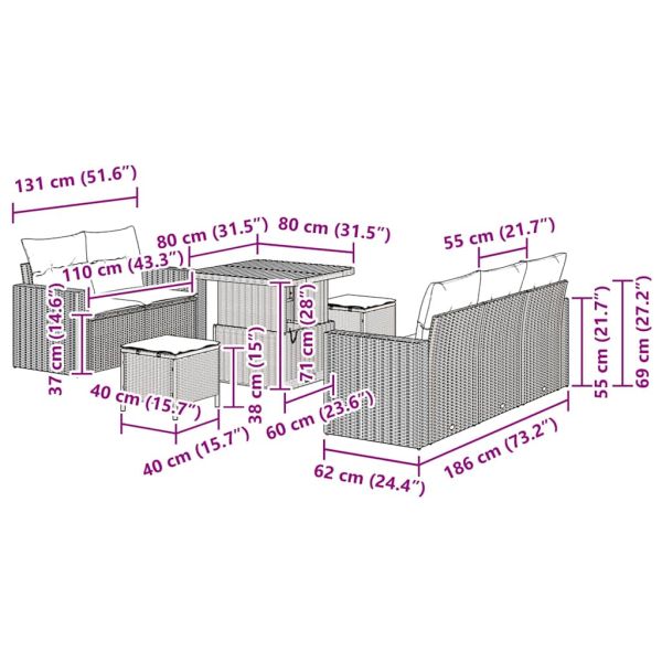 Градински Софа Комплект с възглавница 8 pcs Сив полиратан