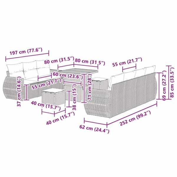 Градински Софа Комплект с възглавница 10 pcs Сив полиратан