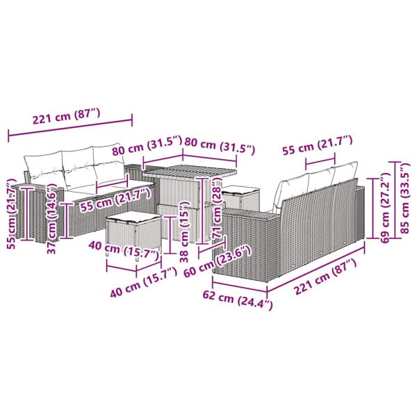 Градински Софа Комплект със съхранение 9 pcs Сив Полиратан