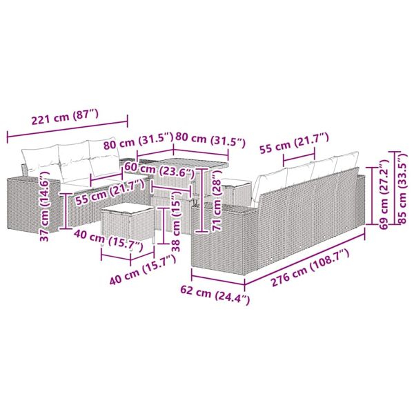Градински Софа Комплект 10 pcs Сив полиратан