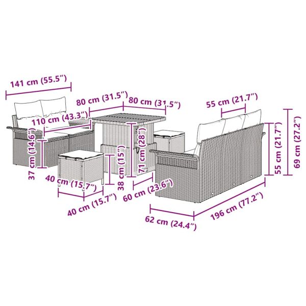Градински Софа Комплект с възглавница 8 pcs Сив полиратан