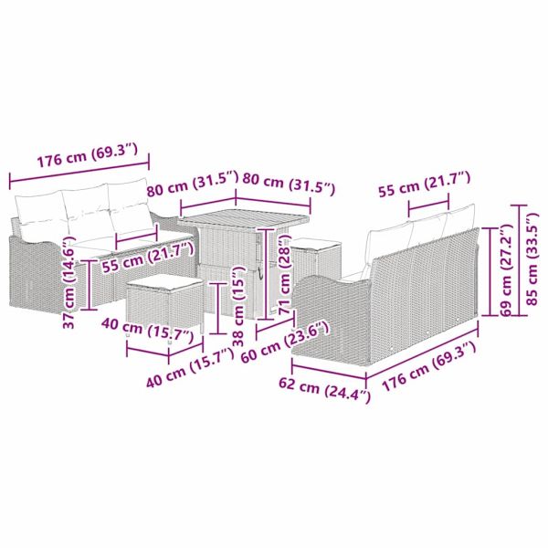 Градински Софа Комплект с възглавница 9 pcs Сив полиратан