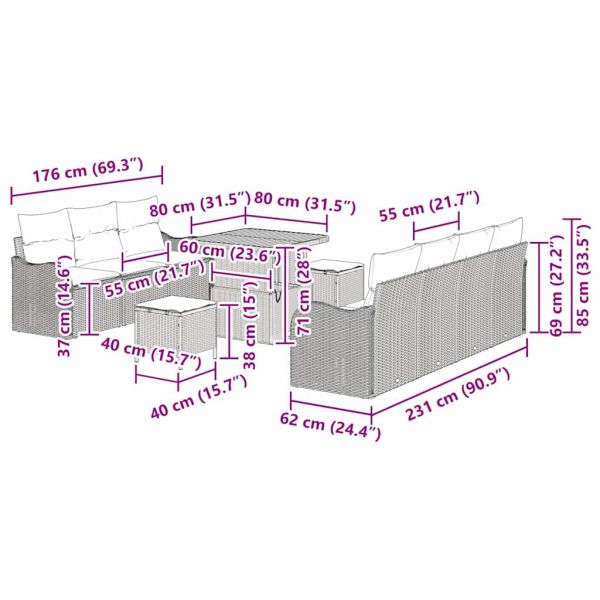 Градински Софа Комплект с възглавница 10 pcs Сив полиратан