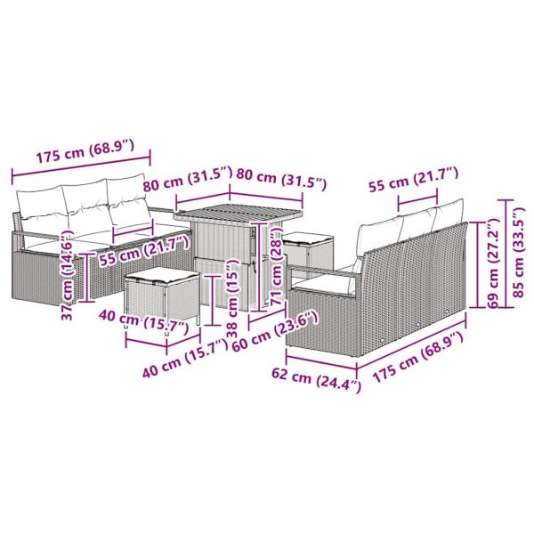 Градински Софа Комплект с възглавница 9 pcs Сив полиратан