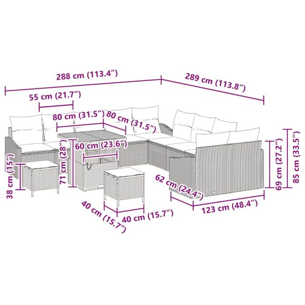 Градински Софа Комплект с възглавница 13 pcs Сив полиратан