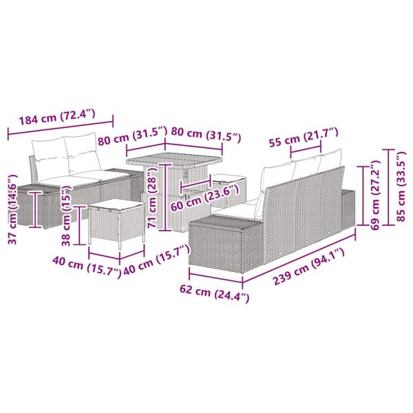 Градински Софа Комплект с възглавница 8 pcs Сив полиратан