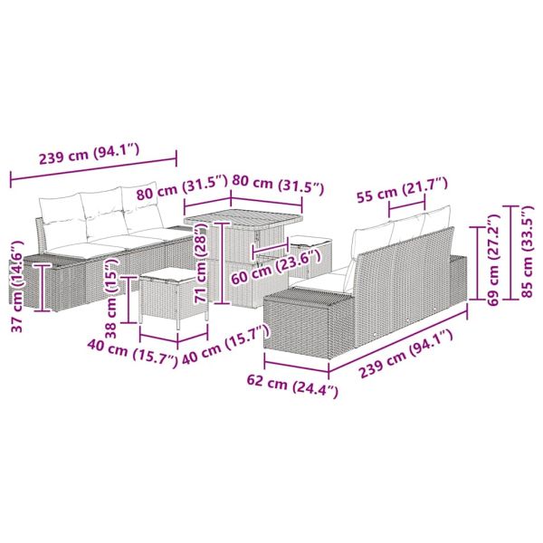 Градински Софа Комплект с възглавница 9 pcs Сив полиратан
