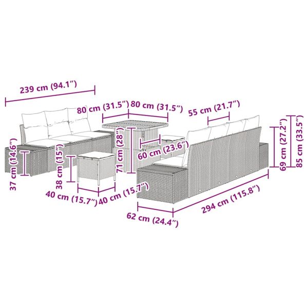 Градински Софа Комплект с възглавница 10 pcs Сив полиратан