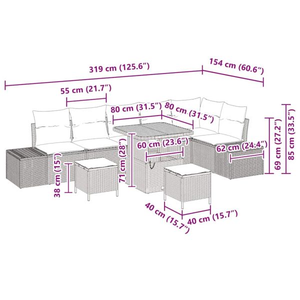 Градински Софа Комплект с възглавница 9 pcs Сив полиратан