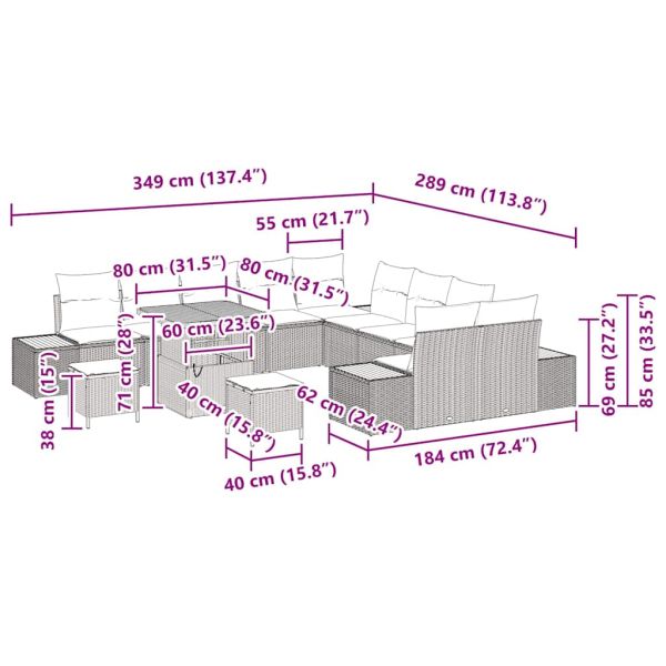 Градински Софа Комплект 13 pcs Сив полиратан