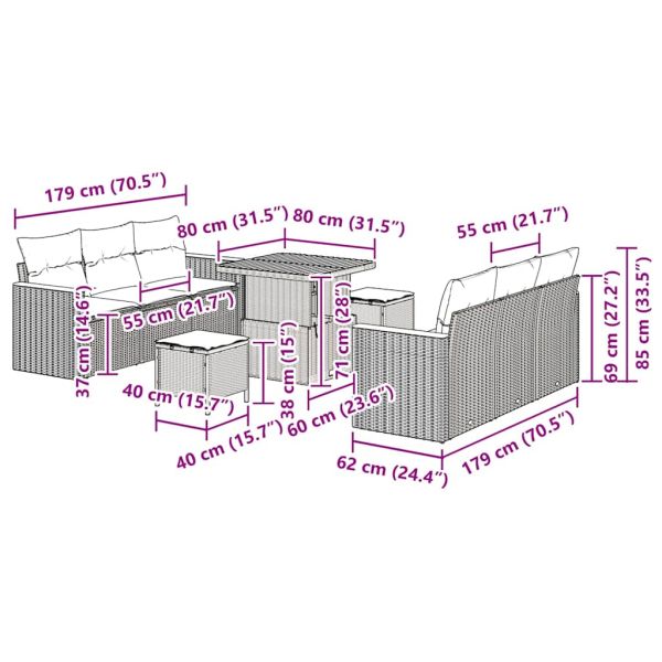 Градински Софа Комплект 9 pcs Сив полиратан