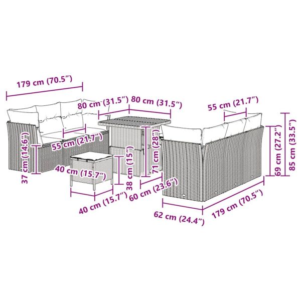 Градински Софа Комплект с възглавница 9 pcs Сив полиратан