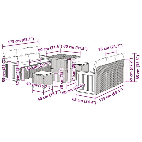 Градински Софа Комплект с възглавница 11 pcs Сив полиратан