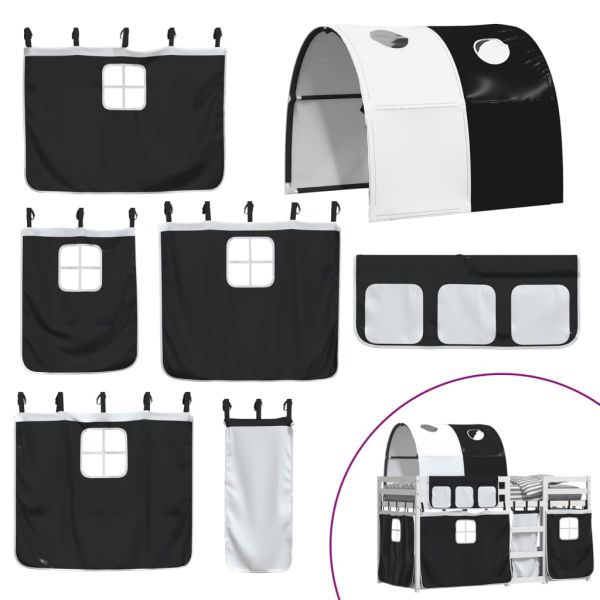 Двуетажно легло със завеси, бяло и черно, 90x200 см, бор масив