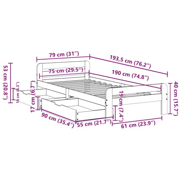 Рамка за легло без матрак, восъчнокафяв, 75x190 см, бор масив