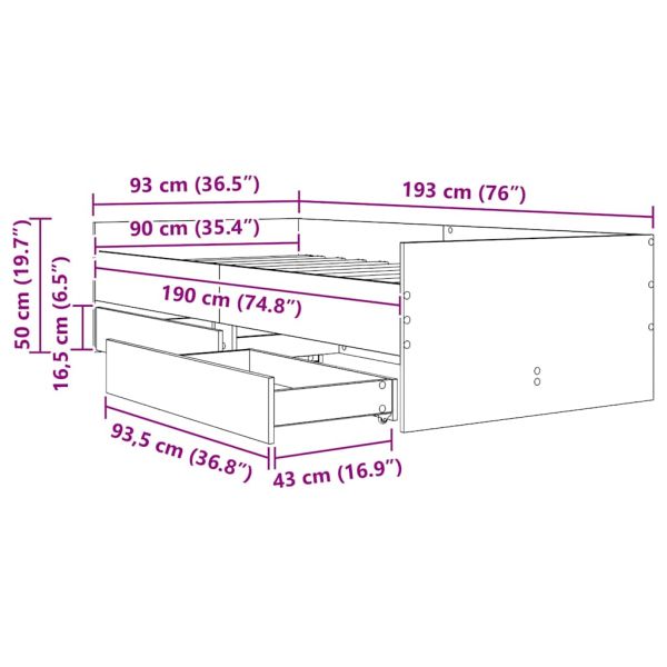 Рамка за легло с чекмедже Дъб 90 x 190 cm Солидно борово дърво