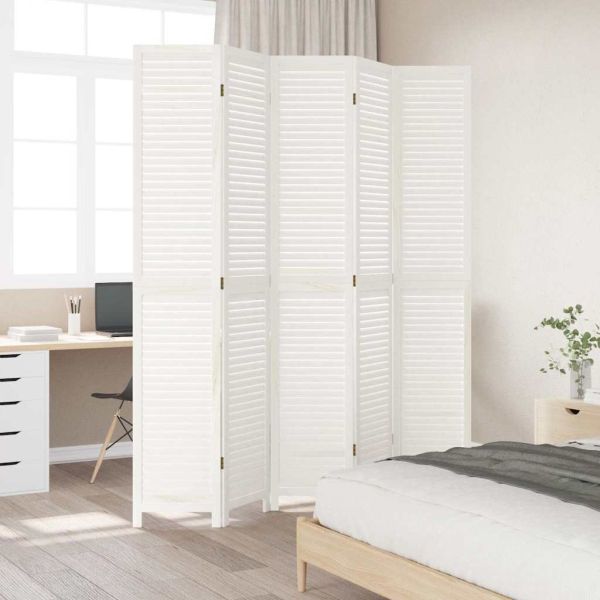 Разделител за стая, 5 панела, бял, дърво пауловния масив