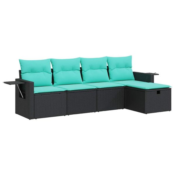 Градински комплект с възглавници, 5 части, черен полиратан