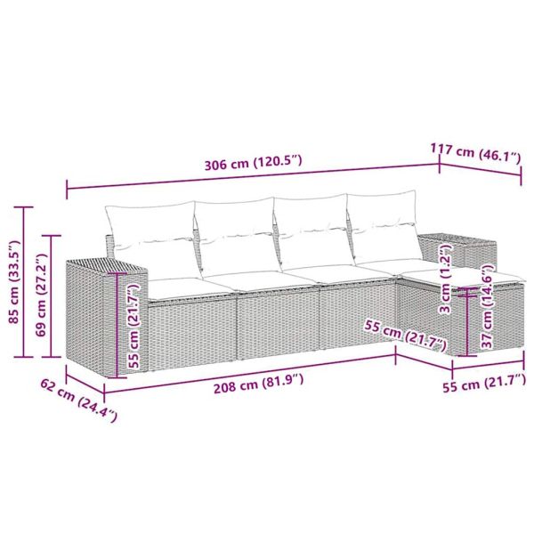 Градински комплект с възглавници, 5 части, черен полиратан