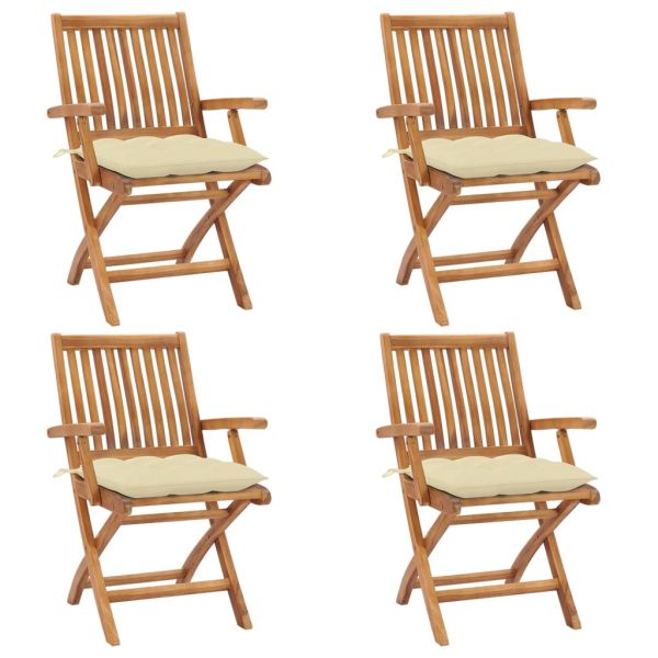 Сгъваеми градински столове с възглавници, 4 бр, тик масив