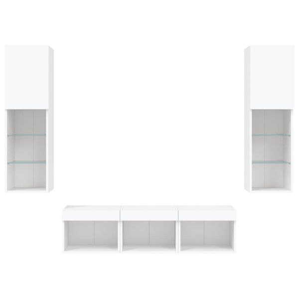 ТВ стенни модули с LED, 5 части, бели, инженерно дърво