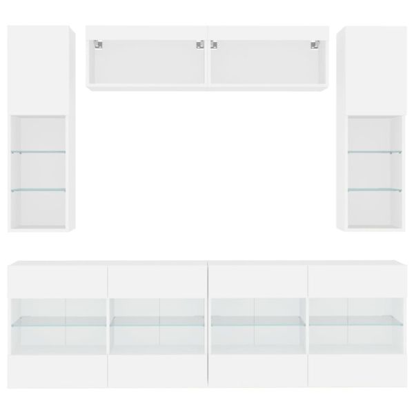 Комплект ТВ стенни шкафове, 6 части, с LED светлини, бели