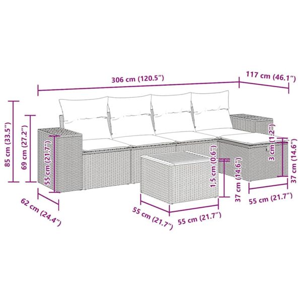 Градински диван с възглавници, 6 части, черен, полиратан