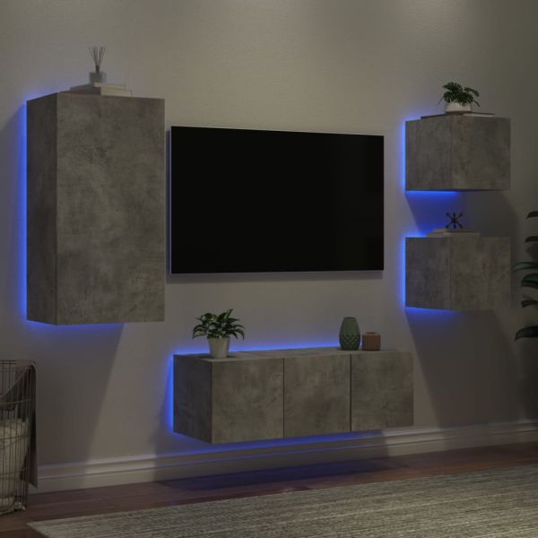 ТВ стенни модули с LED, 5 части, бетонно сиви, инженерно дърво