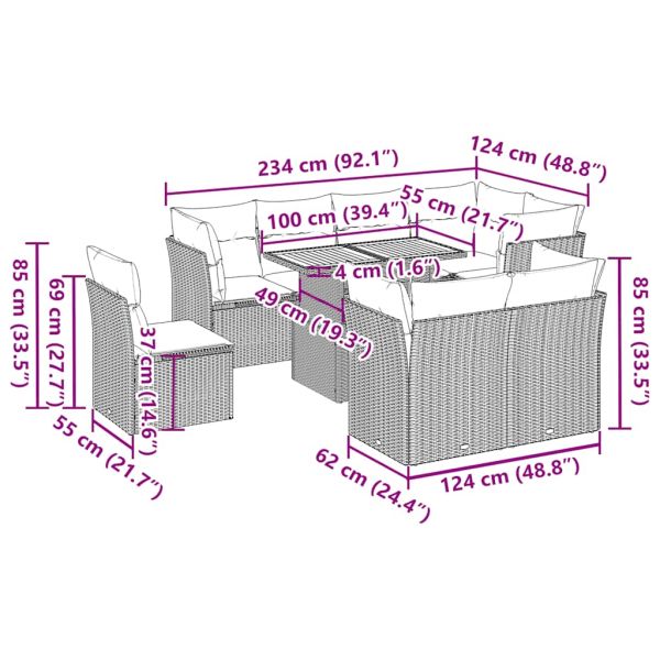 Градински комплект диван с възглавници 9 части сив полиратан